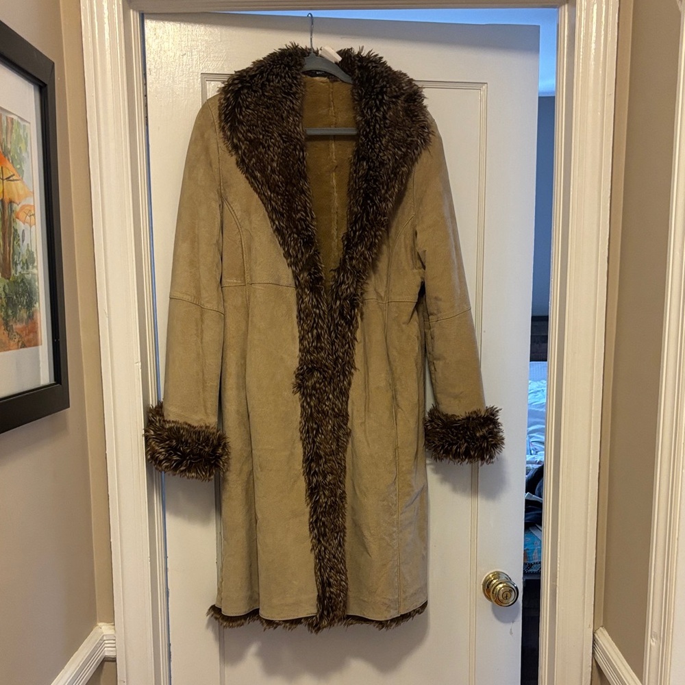Women's Genuine Suede Penny Lane Coat with Faux Fur Trim - Tan/Brown -